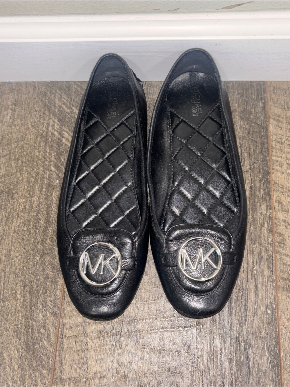 Michael Kors Black Leather MK Medallion Quilted Ballet Flats